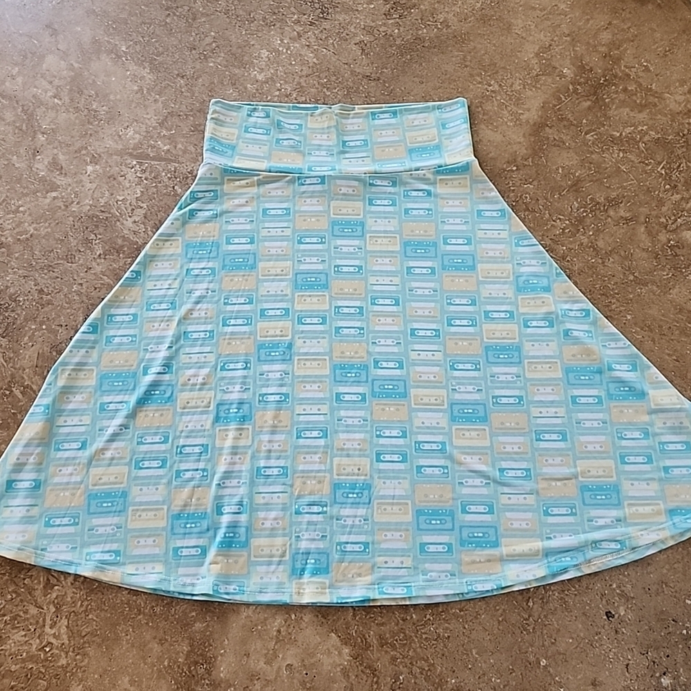LuLaRoe A-Line Skirt with Cassette Print - Blue and Cream